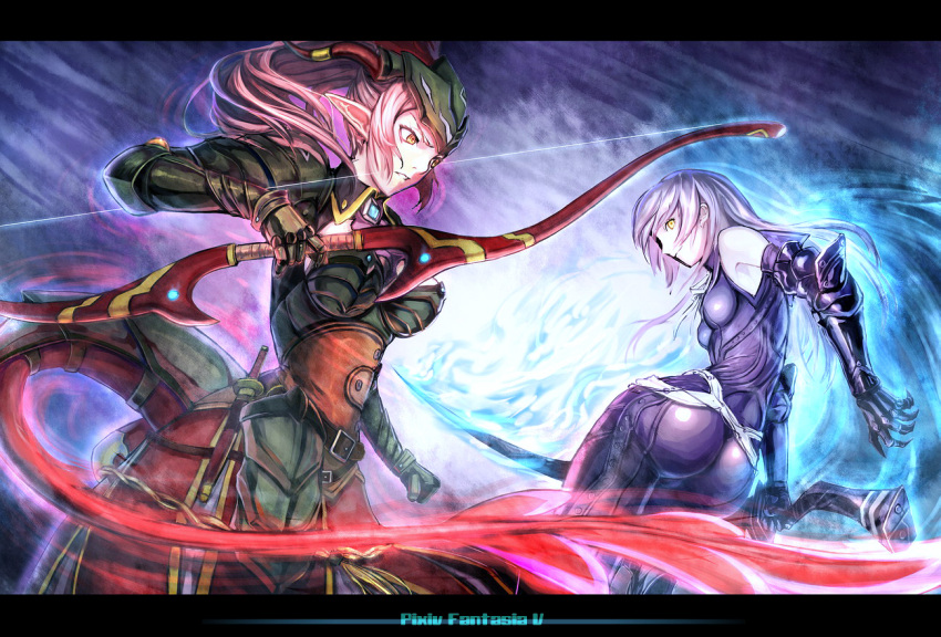 armor, ass, bare_shoulders, belt, bow_(weapon), dagger, detached_sleeves, forehead_protector
