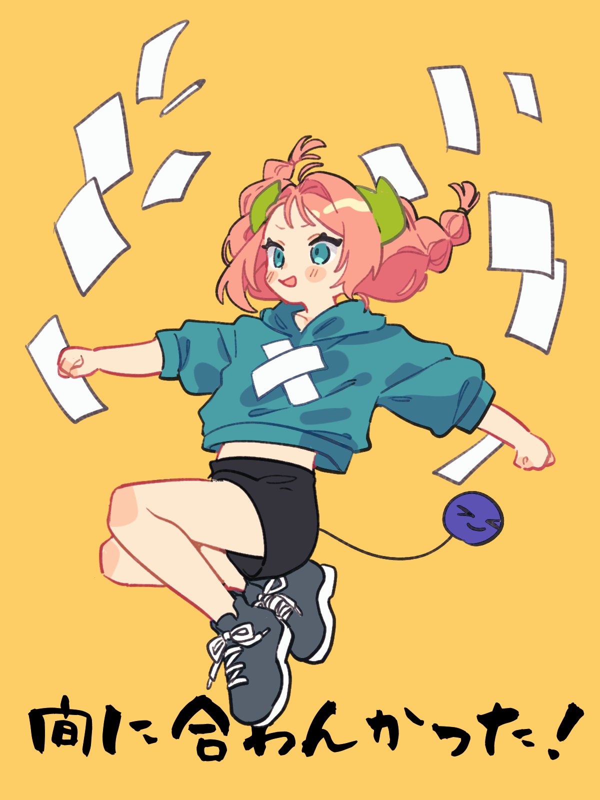 1girl, :d, ako-chan_(notamaru_2), black_shorts, blue_eyes, blue_hoodie, blush_stickers, braid