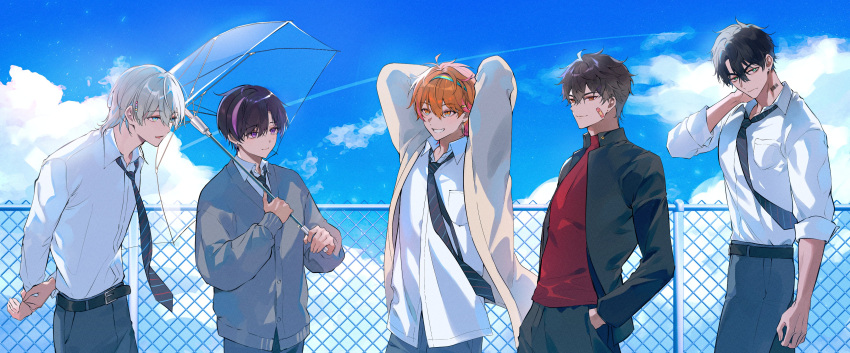 5boys, absurdres, arm_at_side, arms_behind_back, arms_behind_head, bags_under_eyes, bandaid, bandaid_on_cheek