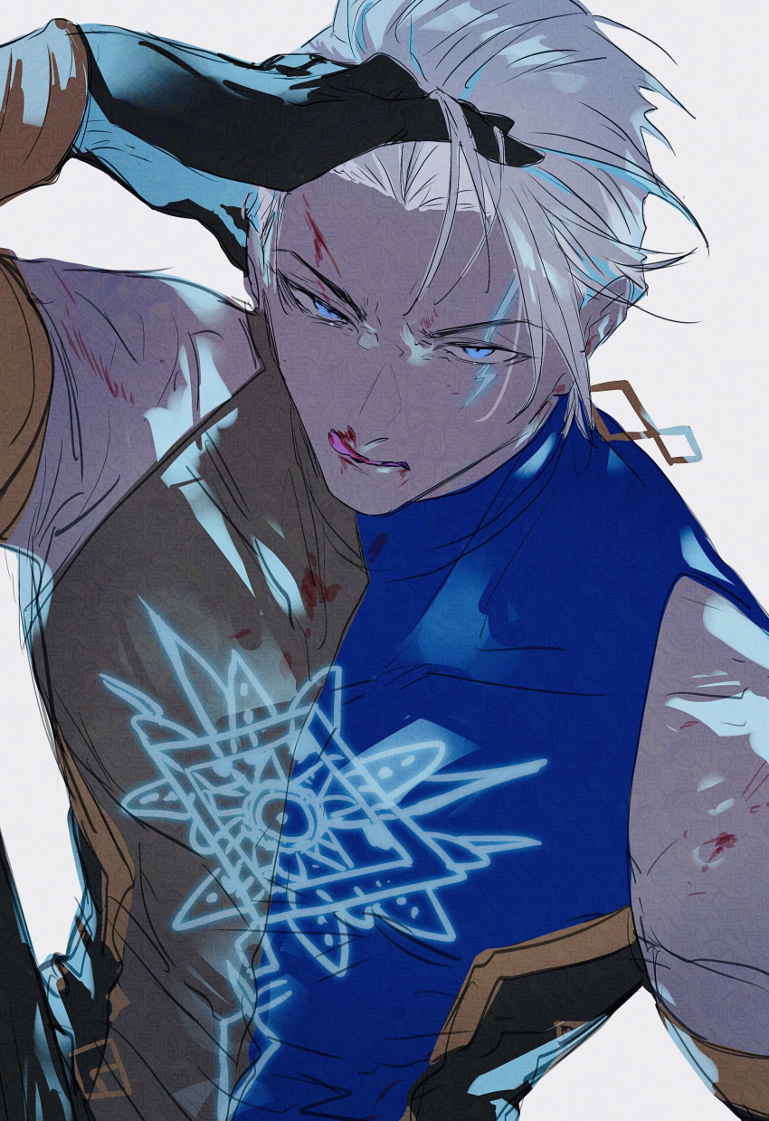 1boy, absurdres, bare_shoulders, bleeding, blood, blood_on_clothes, blood_on_face, blue_eyes, blue_hair, colored_sclera, colored_skin, dark-skinned_male, dark_skin, earrings, fate/grand_order, fate_(series), grey_sclera, hair_slicked_back, highres, indra_(fate), indra_(third_ascension)_(fate), jewelry, licking_lips, lightning_bolt_facial_mark, looking_at_viewer, male_focus, multicolored_hair, nasubi_illust, nosebleed, shirt, short_hair, simple_background, solo, streaked_hair, tongue, tongue_out, two-tone_hair, upper_body, white_background, white_hair