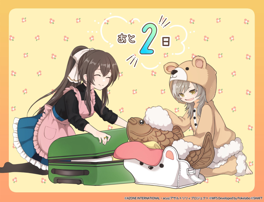 2girls, ^_^, animal-shaped_pillow, animal_bag, animal_ears, animal_hood, apron, assault_lily
