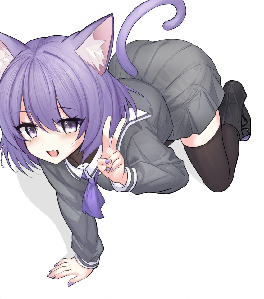 1girl, :3, :d, all_fours, animal_ear_fluff, animal_ears, black_boots, black_thighhighs