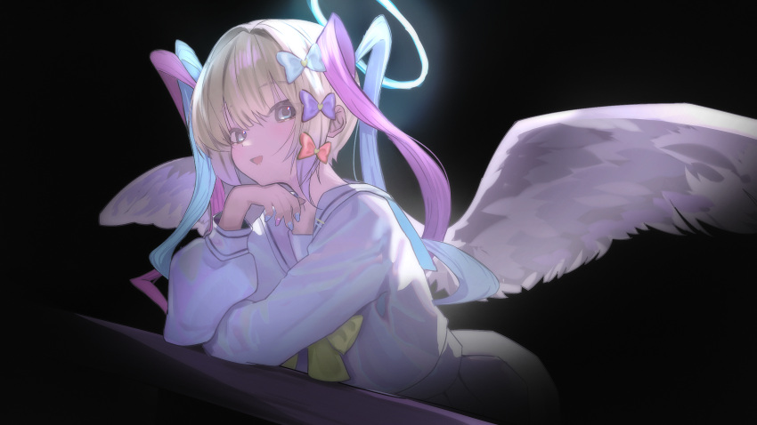 1girl, against_railing, angel_wings, black_background, blonde_hair, blue_bow, blue_eyes, blue_hair