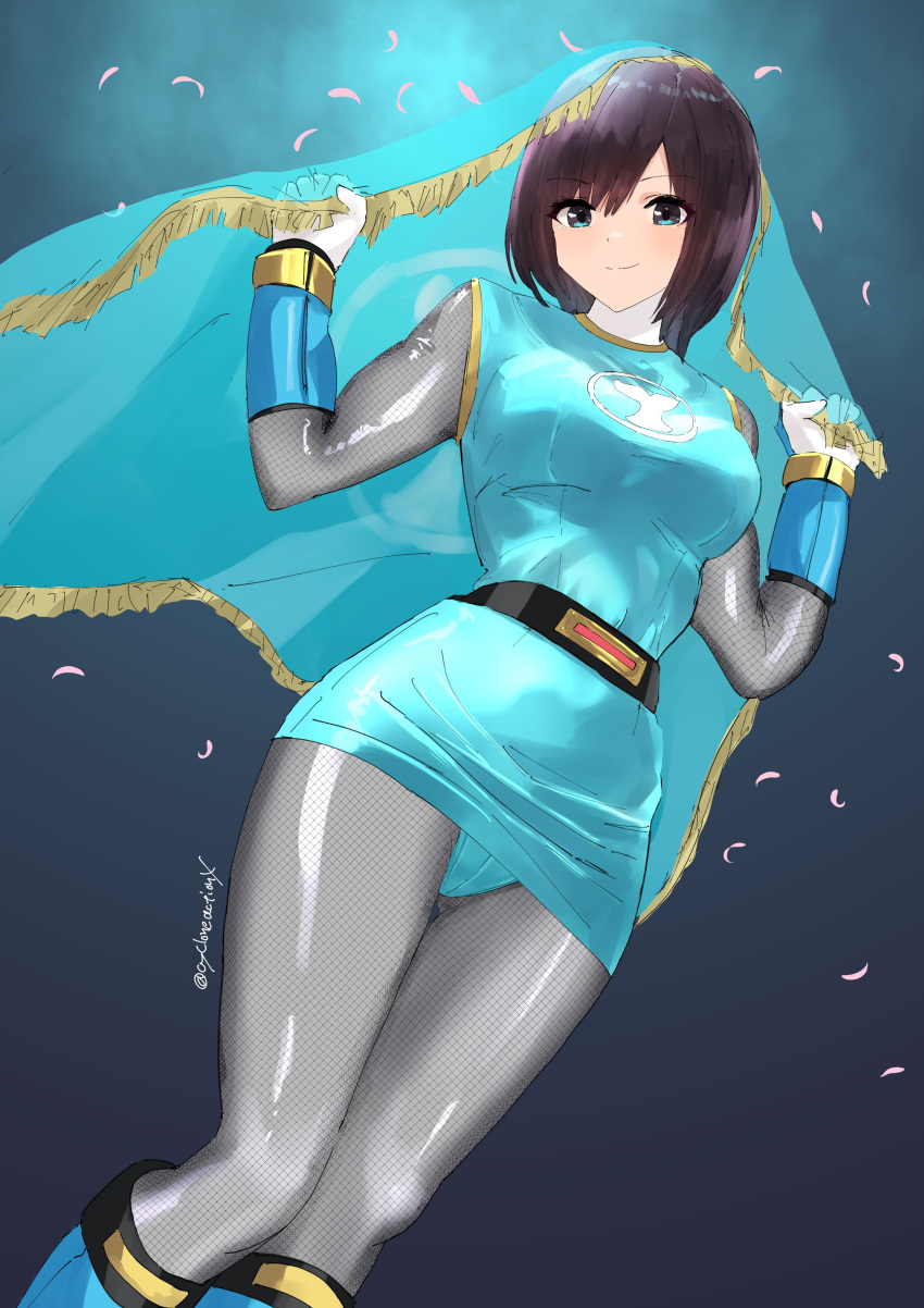 1girl, absurdres, blue_boots, blush, bodysuit, boots, breasts, brown_eyes