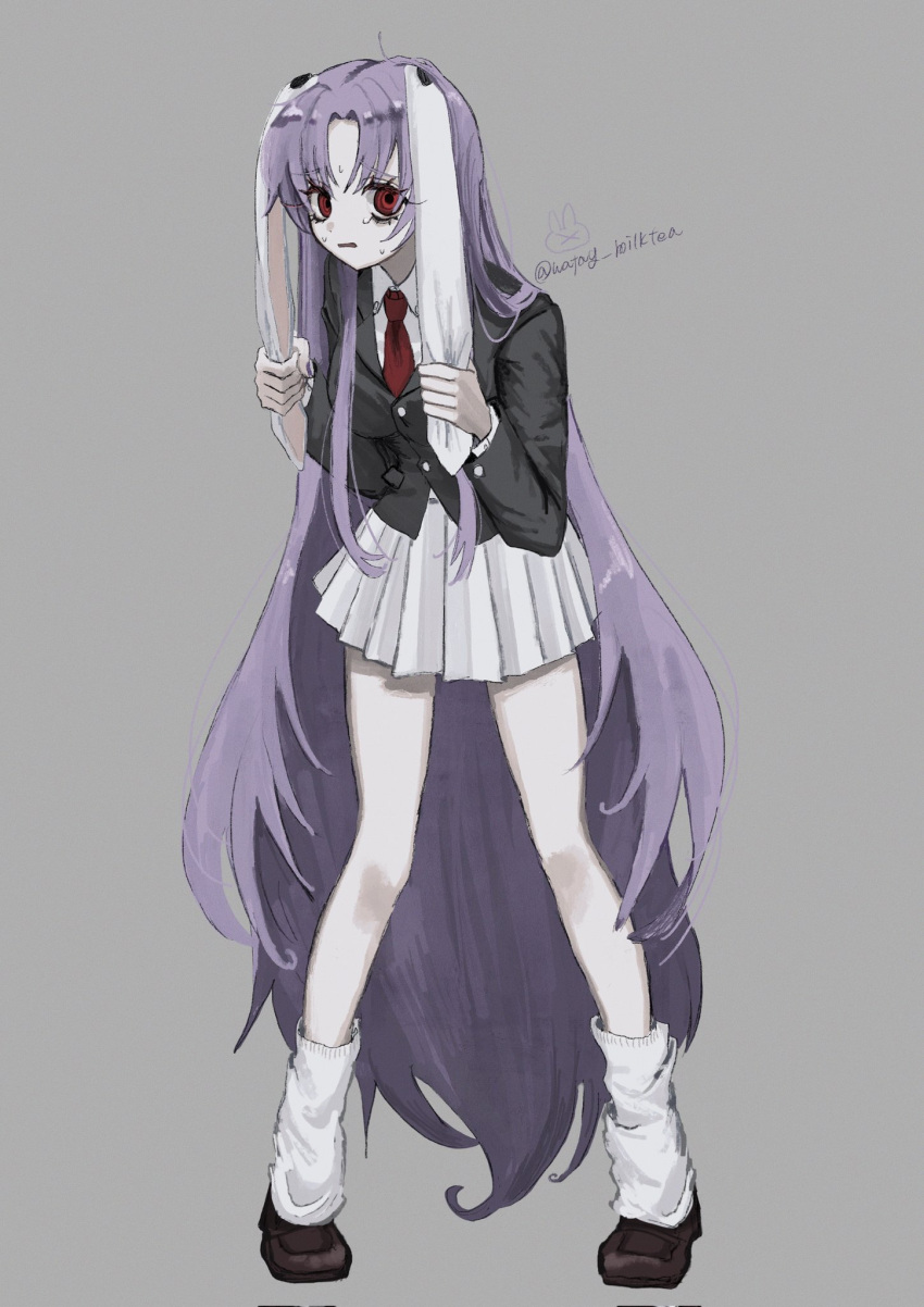 1girl, absurdly_long_hair, animal_ears, black_jacket, brown_shoes, full_body, grey_background, hand_on_own_ear