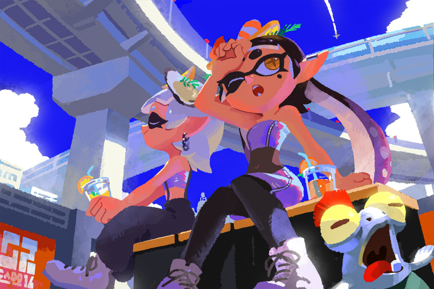 2girls, aircraft, airplane, alternate_costume, alternate_hairstyle, ankle_boots, baggy_pants, bare_arms