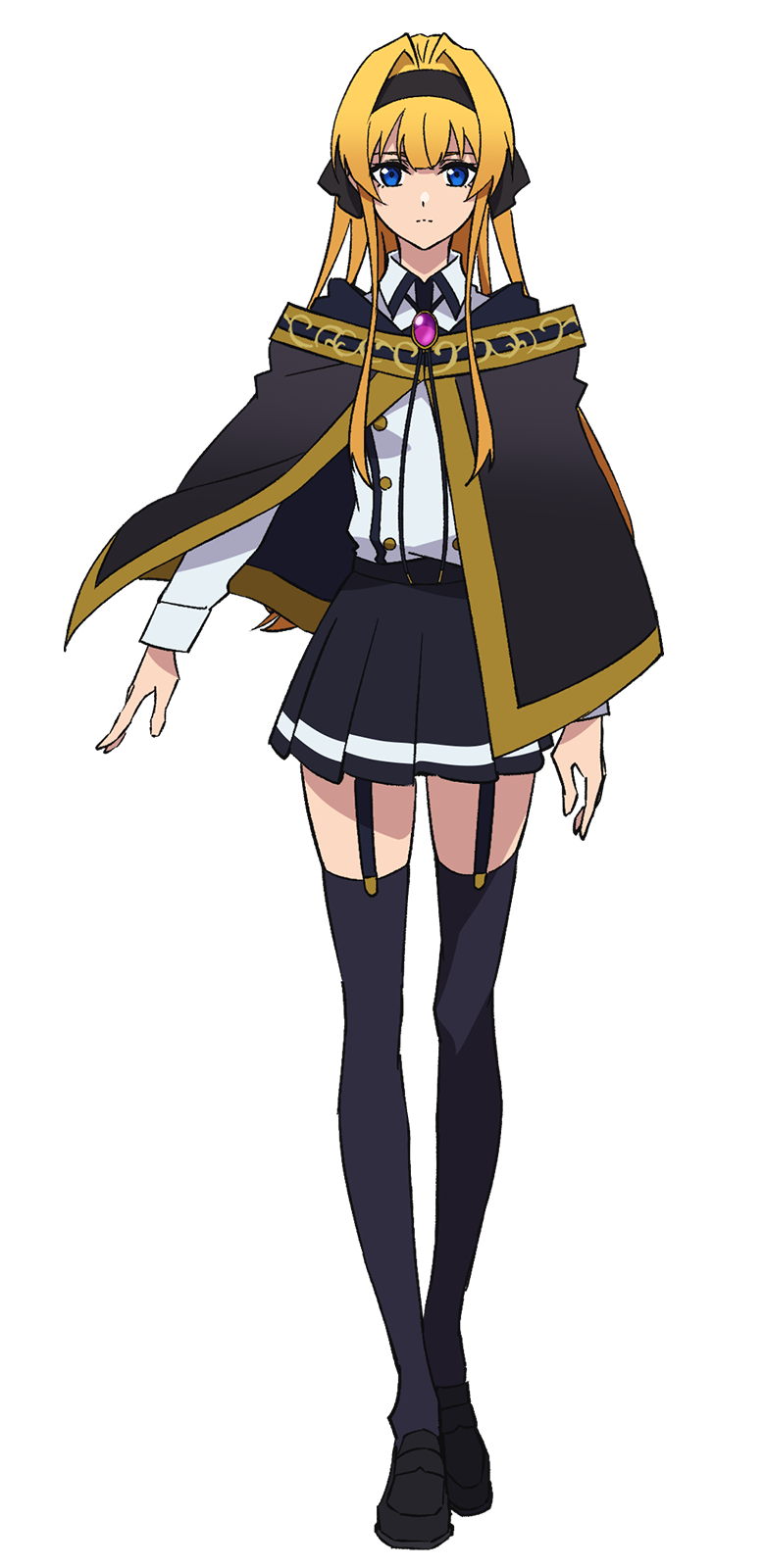 anime_coloring, belt, black_capelet, black_skirt, black_thighhighs, blonde_hair, blue_eyes, breasts