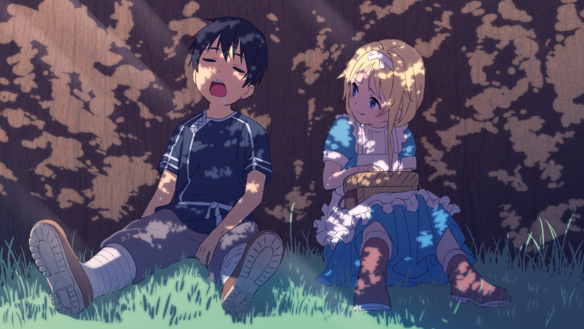 1boy, 1girl, alice_zuberg, apron, black_hair, black_shirt, blonde_hair, blue_dress