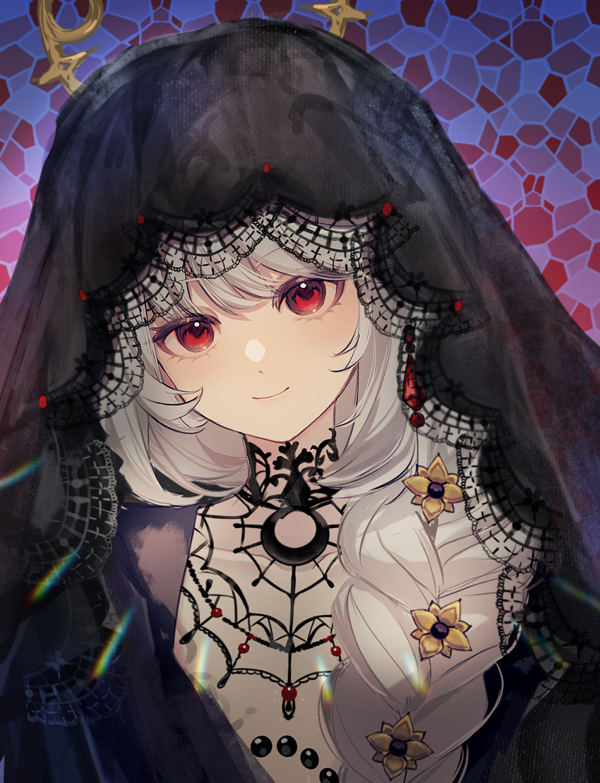 1girl, black_dress, black_veil, dress, hair_over_shoulder, highres, jiaoliu_kongjuzheng, lace-trimmed_veil