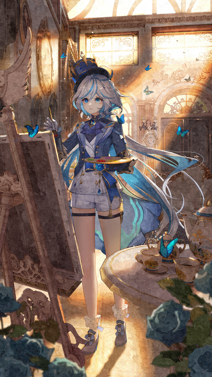 1girl, ahoge, analog_clock, ascot, blue_ascot, blue_brooch, blue_eyes, blue_hair, blue_hat, blue_jacket, bug, butterfly, canvas_(object), clock, closed_mouth, commentary_request, cup, drop-shaped_pupils, easel, facing_viewer, flower, full_body, furina_(genshin_impact), genshin_impact, grandfather_clock, hair_between_eyes, hat, heterochromia, highres, holding, holding_paint_palette, holding_paintbrush, hydro_symbol_(genshin_impact), indoors, jacket, light_rays, long_hair, long_sleeves, mismatched_pupils, multicolored_hair, ouji_fashion, paint_palette, paintbrush, painting_(action), peachumi, picture_frame, portrait_(object), saucer, shoes, shorts, solo, streaked_hair, sunbeam, sunlight, symbol-shaped_pupils, table, tea_set, teacup, teapot, very_long_hair, vision_(genshin_impact), white_shorts, window