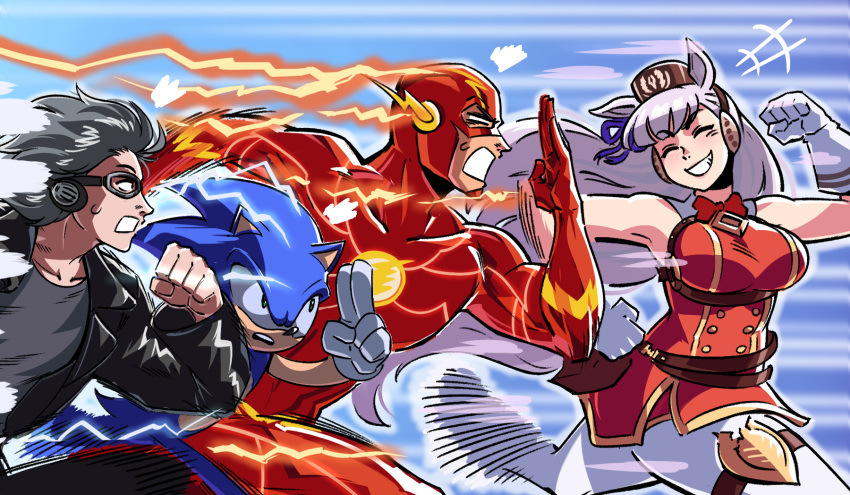 1girl, 2boys, :d, ^_^, animal_ears, armpits, belt, black_belt