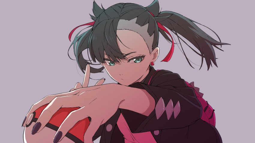 1girl, asymmetrical_bangs, backpack, bag, black_hair, black_jacket, black_nails, breasts