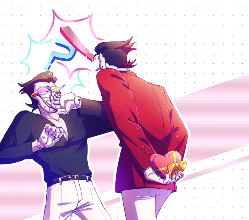 !?, 2boys, belt, black_belt, black_hair, black_shirt, bow, box, deltarune, doll_joints, dual_persona, gift, gift_box, hei3355, heterochromatic_eyewear, highres, jacket, joints, long_nose, male_focus, multiple_boys, pants, pointy_nose, red_jacket, ribbon, round_eyewear, shirt, shirt_tucked_in, short_hair, spamton_g._spamton, spamton_g._spamton_(big_shot), sweat, tinted_eyewear, white_pants, yellow_bow, yellow_ribbon