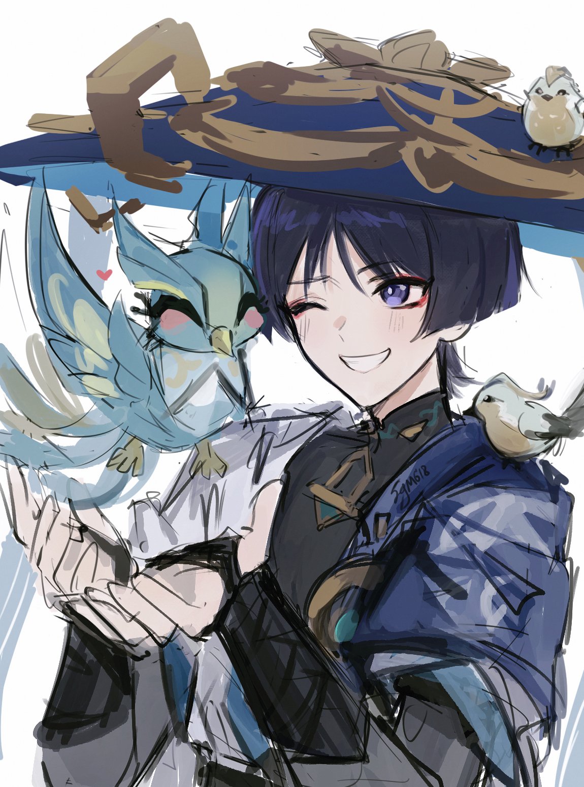 1boy, animal_on_head, animal_on_shoulder, armor, artist_name, bird, bird_on_head, bird_on_shoulder