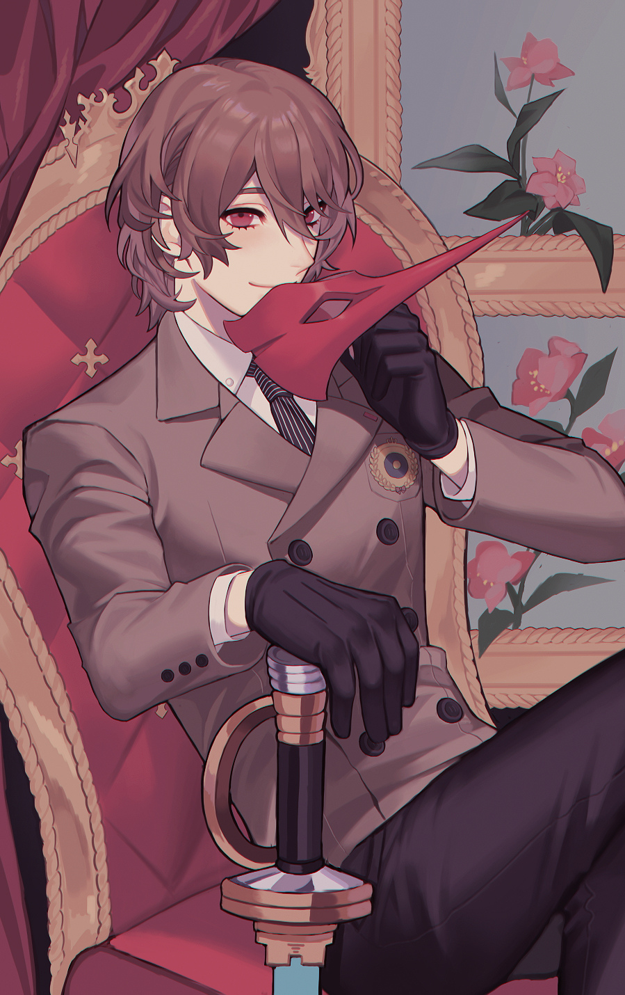 1boy, akechi_gorou, bad_id, bad_twitter_id, black_gloves, black_necktie, black_pants, brown_hair
