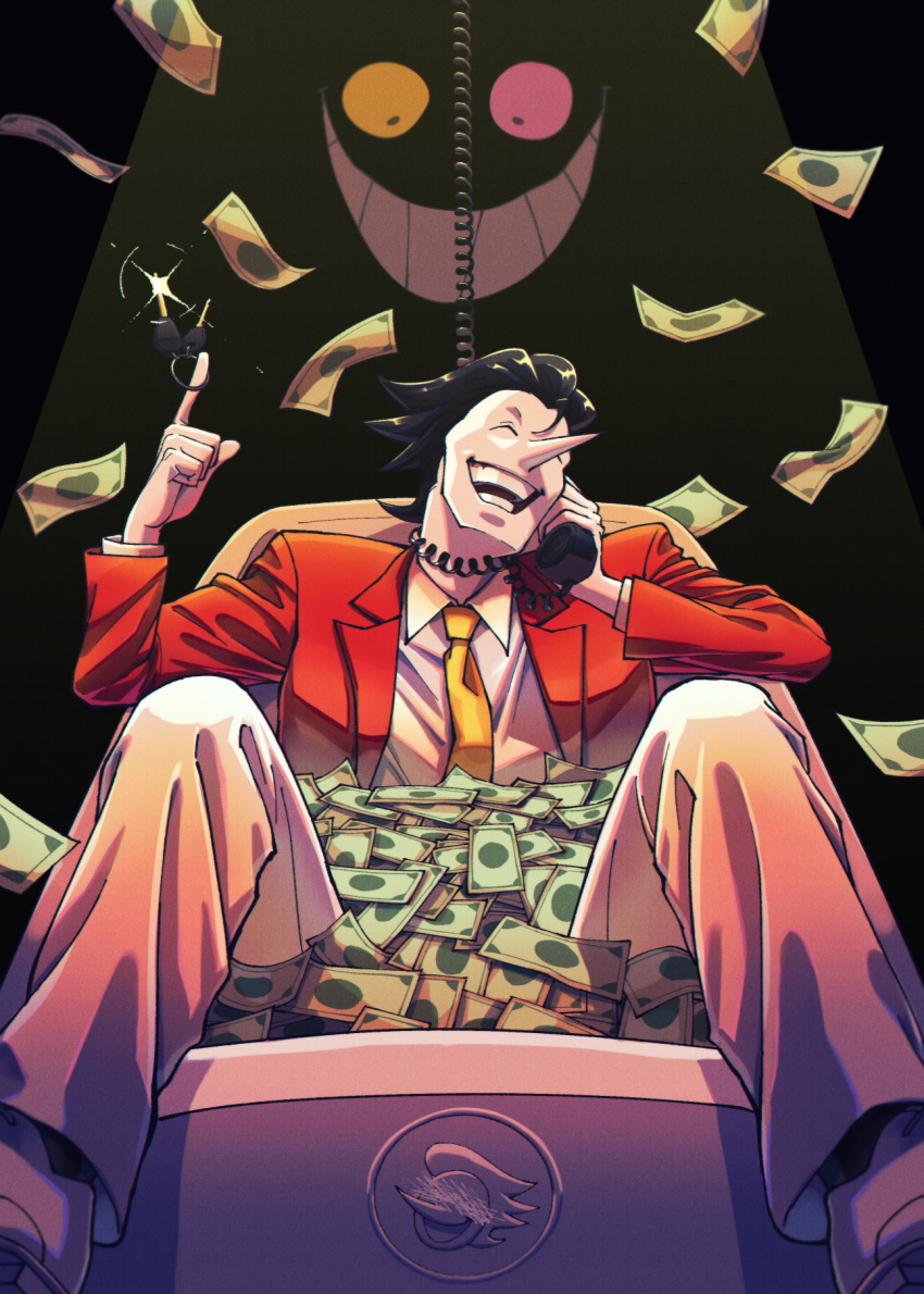1boy, bathtub, black_hair, car_keys, closed_eyes, collared_shirt, colored_skin, corded_phone