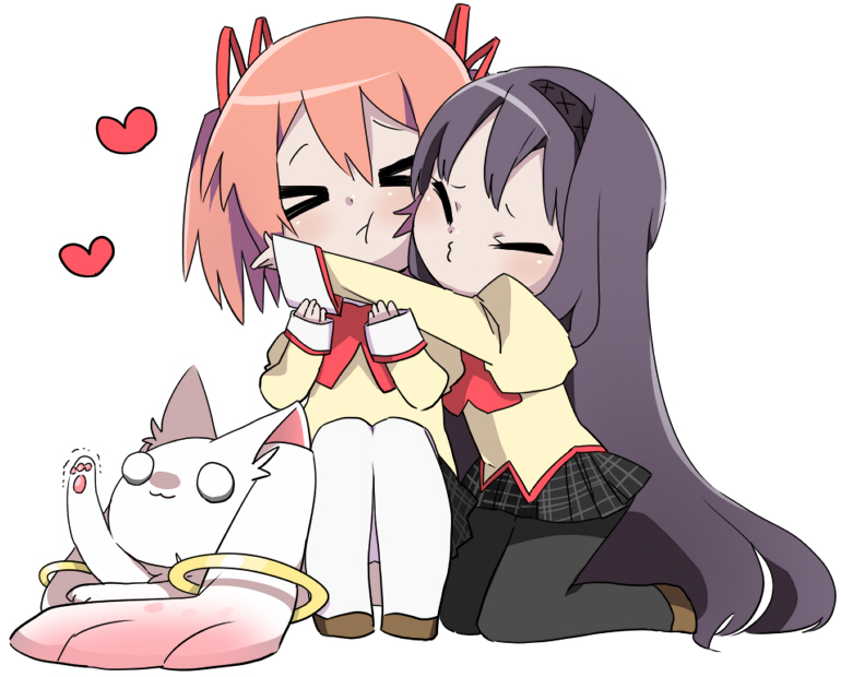 >_<, :t, =_=, akemi_homura, black_hair, blush, chibi, closed_eyes, eyes_closed, hairband, heart, hug, incipient_kiss, kaname_madoka, kyubey, mahou_shoujo_madoka_magica, multiple_girls, o3o, pale_skin, pantyhose, pink_hair, ppera, purple_hair, red_hair, redhead, ribbon, school_uniform, short_twintails, sitting, skirt, twintails