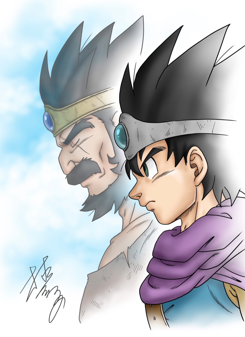 2boys, aqua_gemstone, beard, black_facial_hair, black_hair, blue_gemstone, blue_tunic, brown_tunic