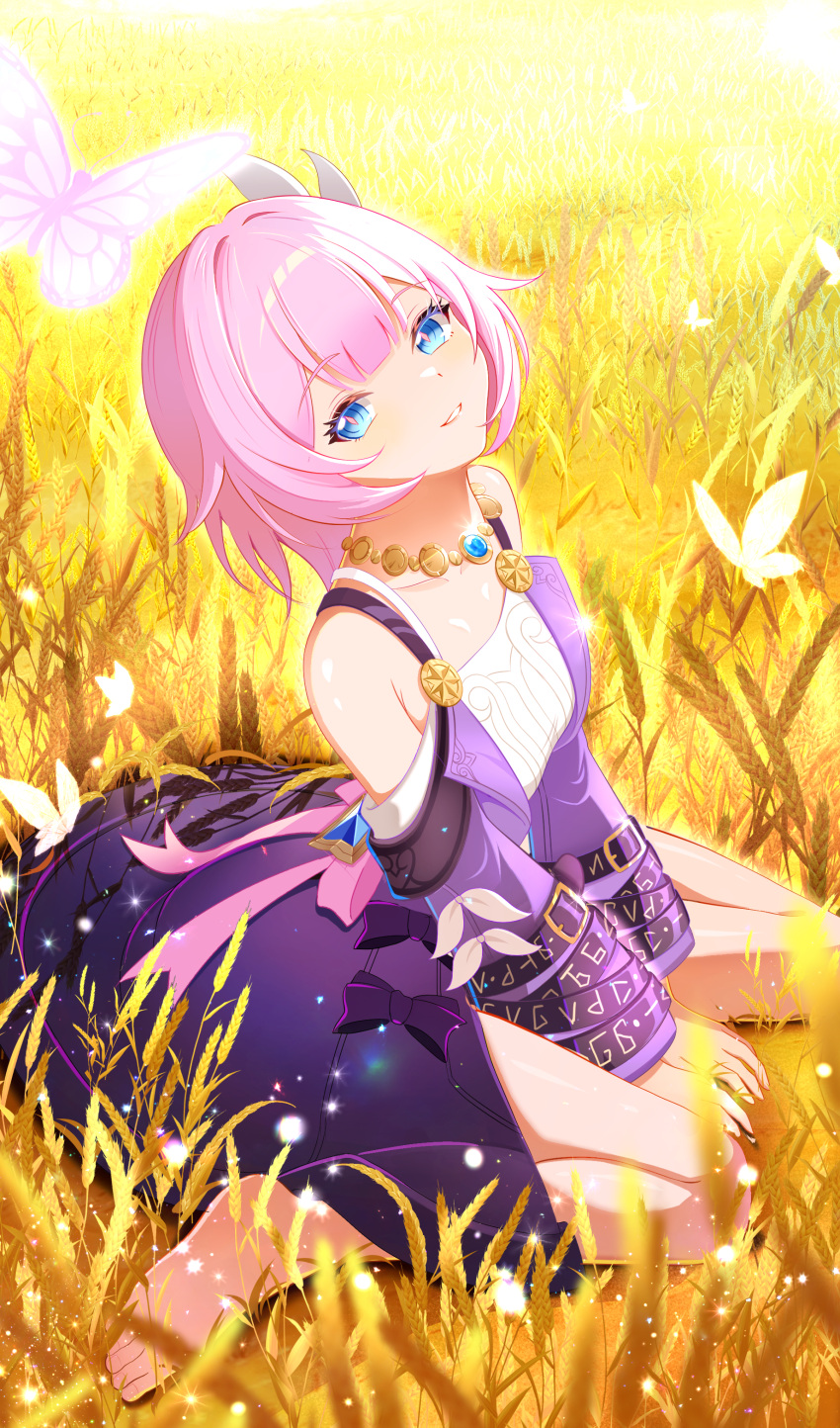 1girl, absurdres, bare_shoulders, barefoot, blue_eyes, breasts, bug, butterfly, coat, commentary_request, cyrene_(honkai:_star_rail), dress, feet, hair_ornament, highres, honkai:_star_rail, honkai_(series), jewelry, looking_at_viewer, necklace, outdoors, purple_coat, short_hair, shou_choujin_juntuan, sitting, small_breasts, toes, wariza, wheat, wheat_field, white_dress