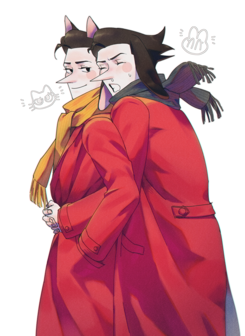 2boys, animal_ears, black_eyes, black_hair, blush_stickers, closed_eyes, coat, commentary