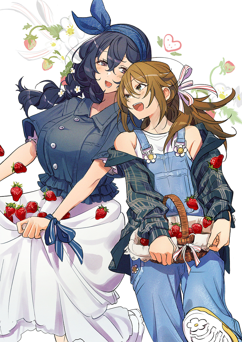 2girls, 404no2929, :d, alternate_hairstyle, basket, black_shirt, blush, bow_hairband