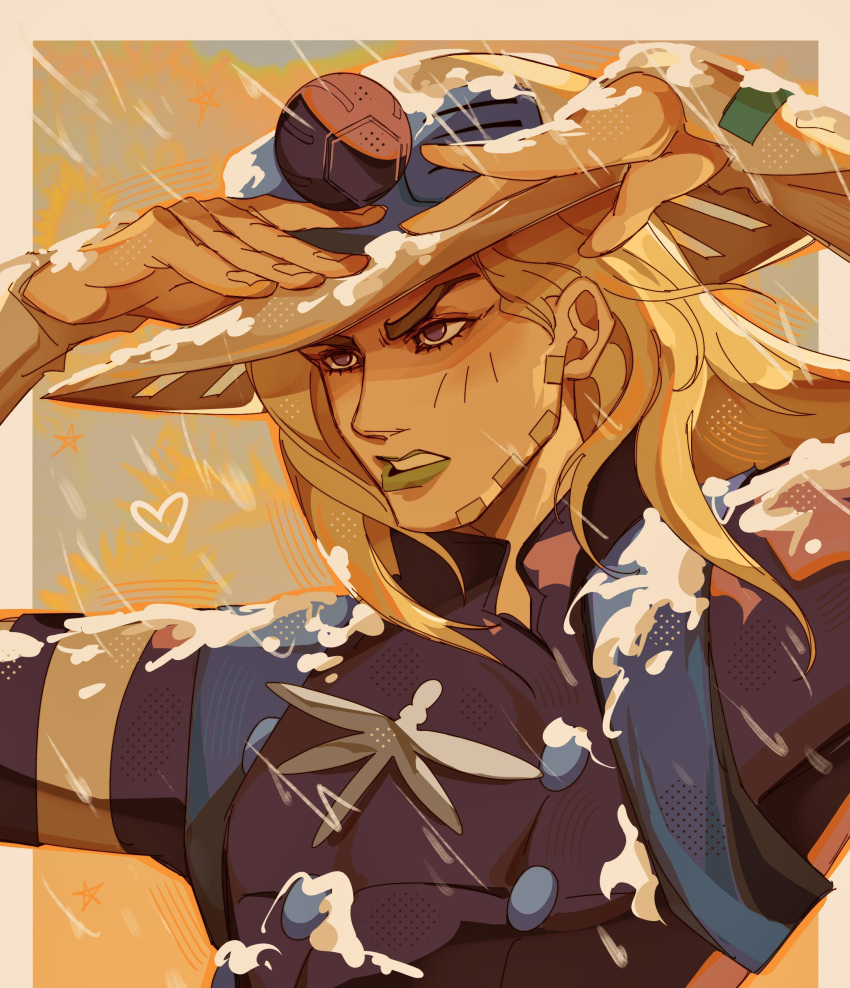 1boy, absurdres, beard, blonde_hair, bug, comic_cover_redraw, cowboy_hat, dragonfly, english_commentary, facial_hair, goggles, goggles_on_headwear, green_lips, grey_hat, grey_sleeves, gyro_zeppeli, hands_up, hat, heart, high_collar, highres, jojo_no_kimyou_na_bouken, layered_sleeves, lips, long_hair, long_sleeves, makeup, male_focus, official_alternate_costume, parted_lips, primsheep, purple_shirt, purple_sleeves, shirt, short_over_long_sleeves, short_sleeves, snowflakes, solo, steel_ball_(jojo), steel_ball_run, teeth, upper_body, violet_eyes, yellow_theme