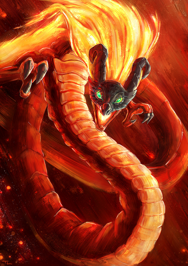 animal, black_horns, claws, commentary, curled_horns, dragon, dragon_horns, english_commentary