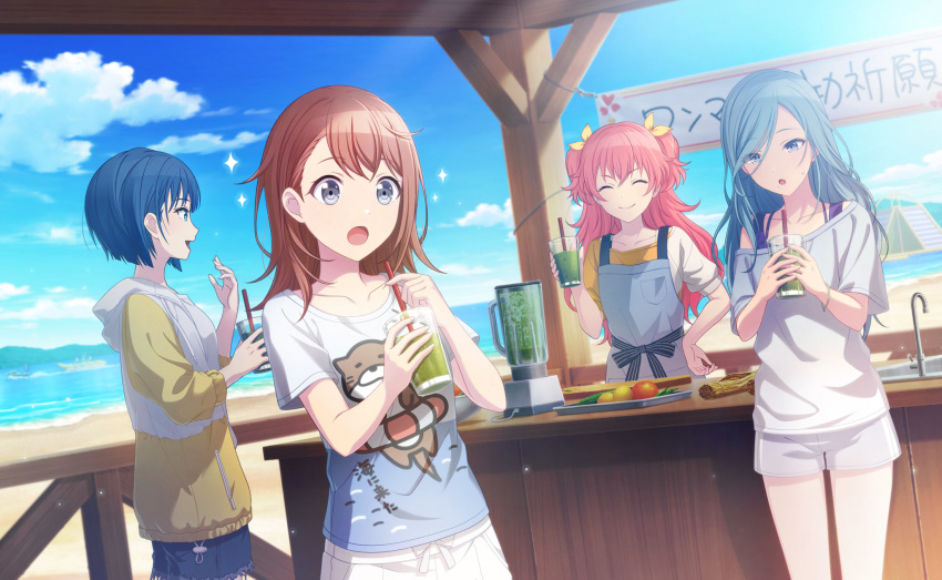 4girls, :o, ^_^, aozora_no_saki_kagayaki_wo_oikakete_(project_sekai), apron, blender_(object), blue_eyes, blue_hair