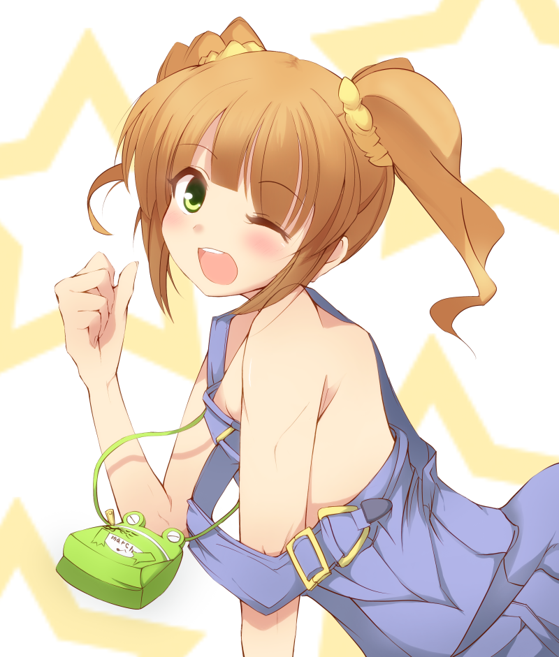 ;d, bag, brown_hair, colored, green_eyes, idolmaster, katsuki_tooya, naked_overalls