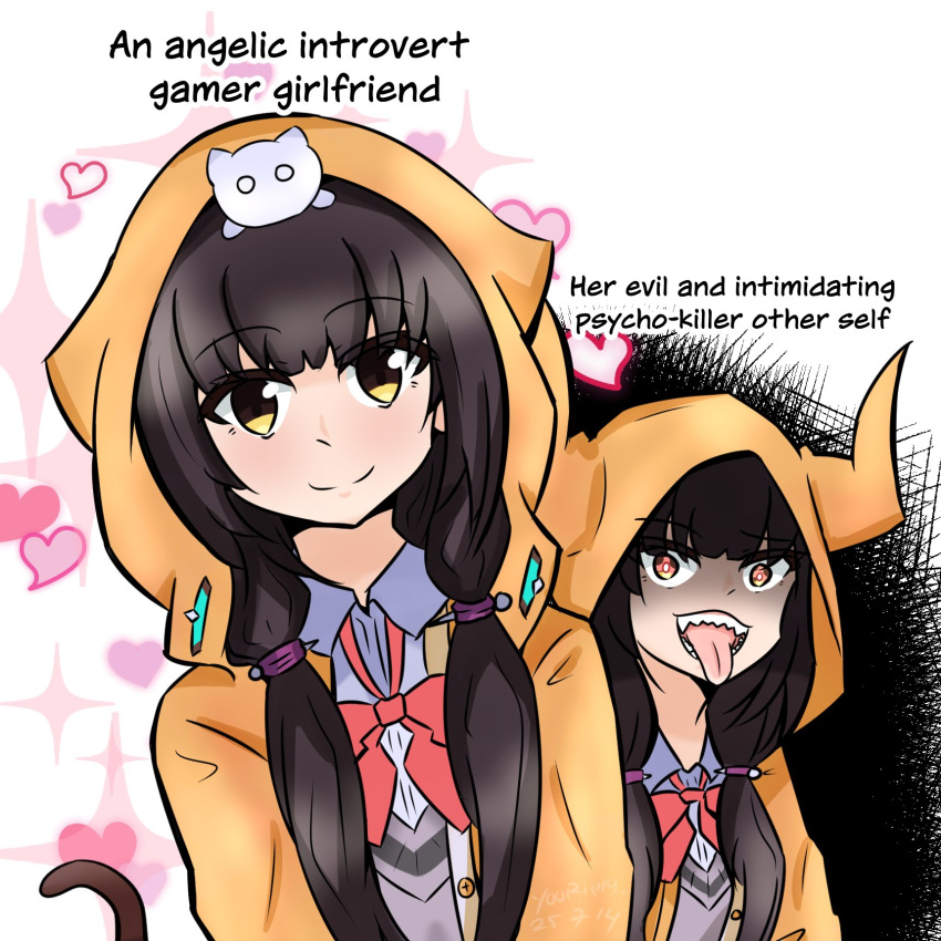 2girls, animal_hood, animal_on_head, asakura_karen_(heaven_burns_red), black_hair, bow, dual_persona, english_text