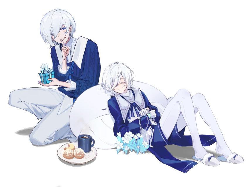 2boys, blue_eyes, blue_jacket, blue_ribbon, blue_shorts, blue_sweater, bow, box