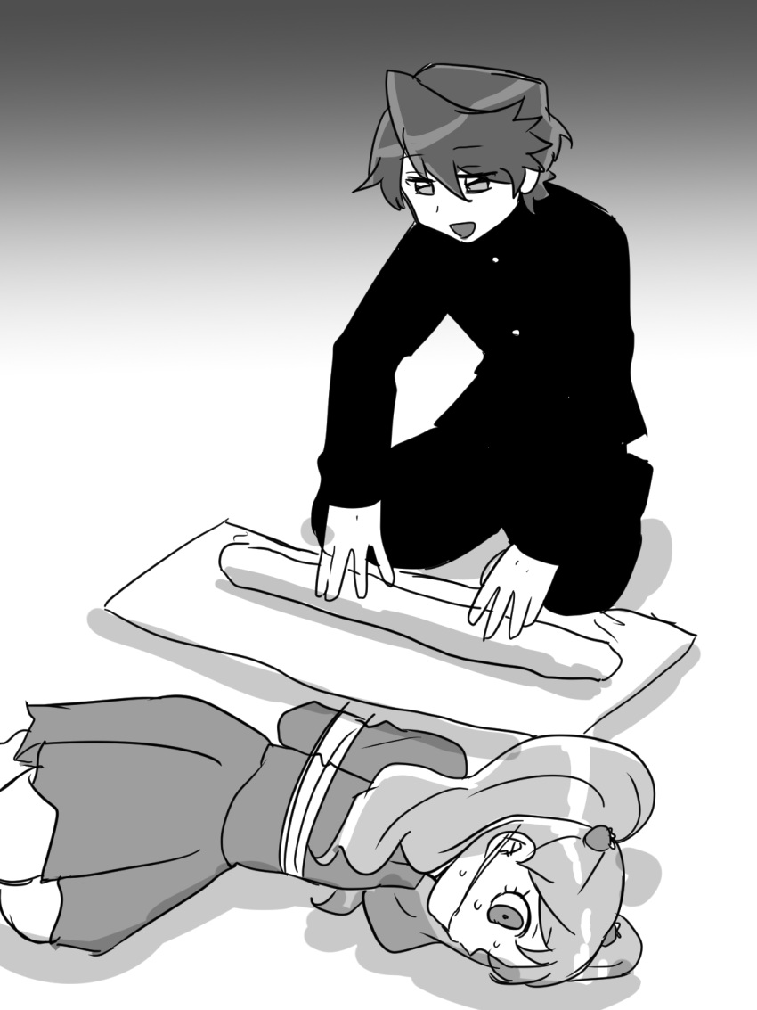 1boy, 1girl, ahpastaumai, bare_legs, bdsm, black_shirt, bondage, bound, bound_arms, bound_wrists, crossover, flour, food, food-themed_hair_ornament, gradient_background, hair_ornament, hair_tie, highres, kirakira_precure_a_la_mode, kneading_dough, kuroki_rio, long_sleeves, lying, nervous, nervous_sweating, noodles, on_side, parody, parted_bangs, precure, school, school_uniform, seiza, shirt, short_hair, sitting, skirt, soba, strawberry_hair_ornament, sweat, sweatdrop, twintails, usami_ichika, wheat