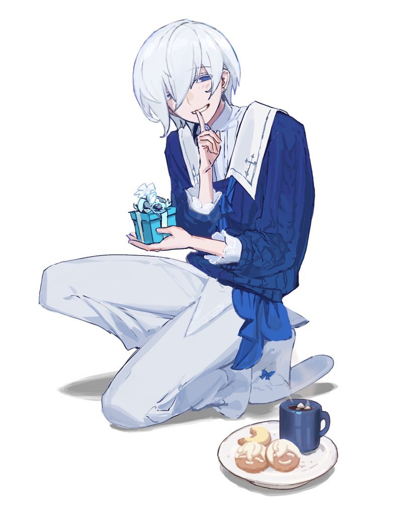 1boy, blue_eyes, blue_sweater, bow, box, character_cookie, colored_eyelashes, cookie