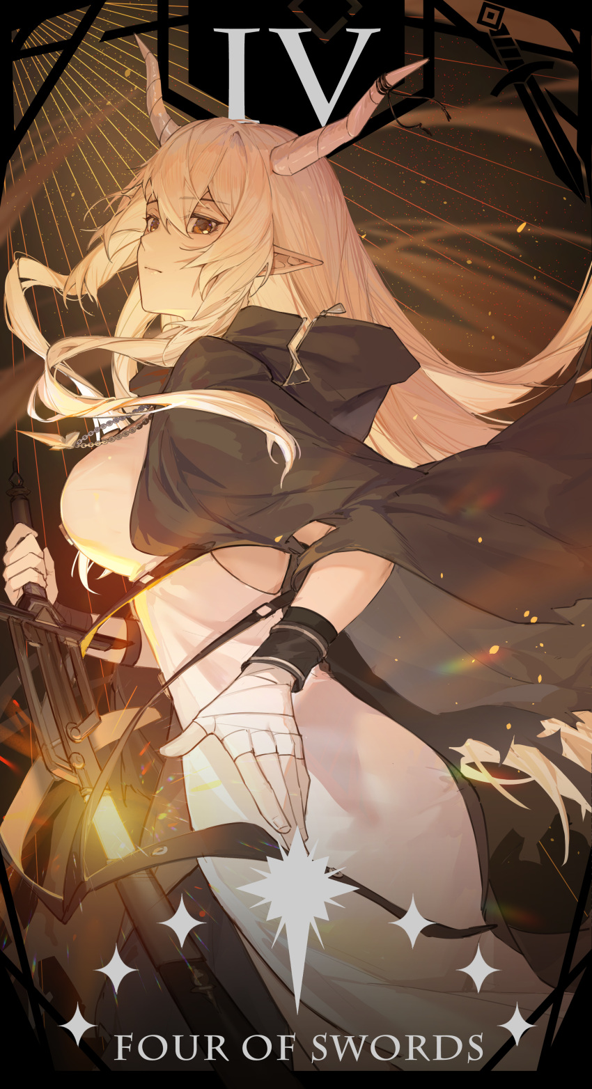 1girl, absurdres, arknights, backless_dress, backless_outfit, bandaged_hand, bandages, black_cape, bracelet, breasts, cape, capelet, card_(medium), commentary, dress, english_commentary, feet_out_of_frame, floating_hair, glowing, glowing_sword, glowing_weapon, gradient_background, hair_between_eyes, highres, holding, holding_sword, holding_weapon, hood, hood_down, hooded_capelet, horns, jewelry, kotatsu_kaya, large_breasts, lens_flare, light_particles, long_hair, minor_arcana_(tarot), necklace, pointy_ears, red_eyes, reverse_grip, sheath, shining_(arknights), solo, sparks, sword, sword_necklace, tarot, torn_cape, torn_clothes, unsheathing, weapon, white_dress, white_hair, yellow_background, zipper_pull_tab