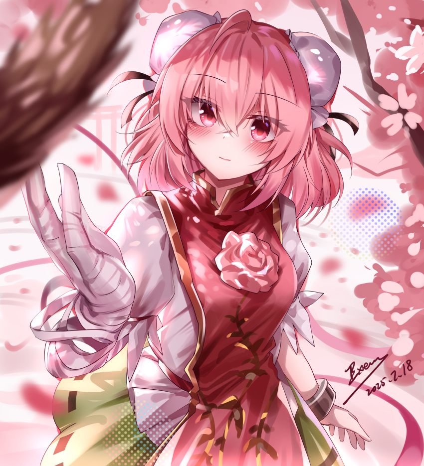 1girl, absurdres, bandaged_arm, bandages, blush, breasts, bun_cover, cherry_blossoms