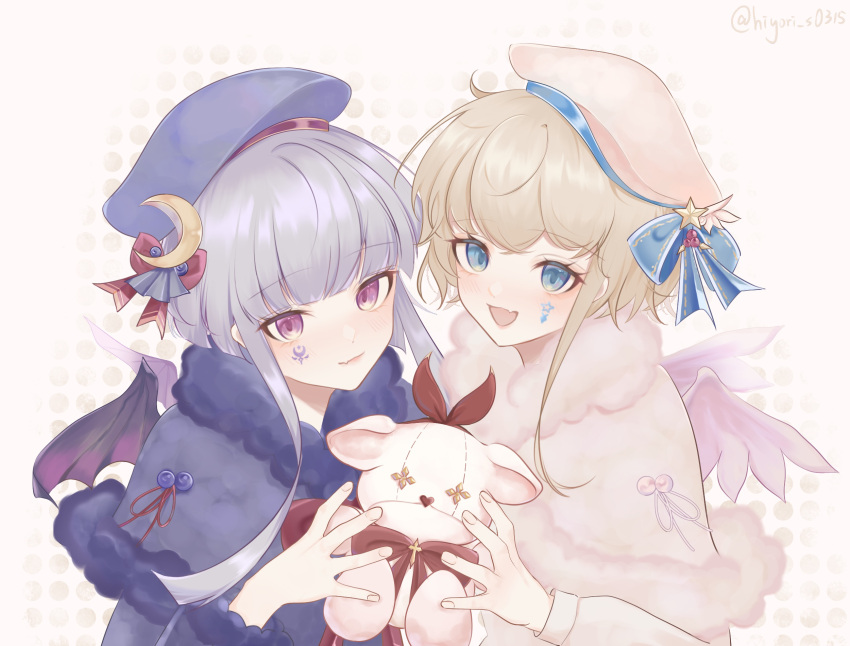 2girls, :d, arcaea, bat_wings, black_wings, blonde_hair, blue_capelet, blue_eyes