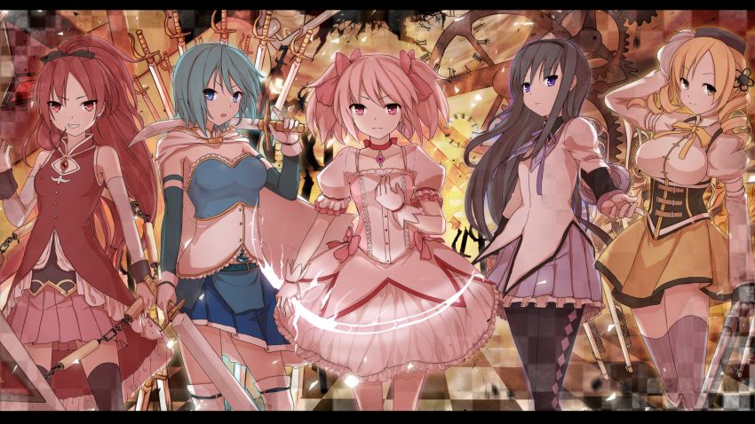 akemi_homura, bare_shoulders, blonde_hair, blue_eyes, blue_hair, bubble_skirt, cape, checkered