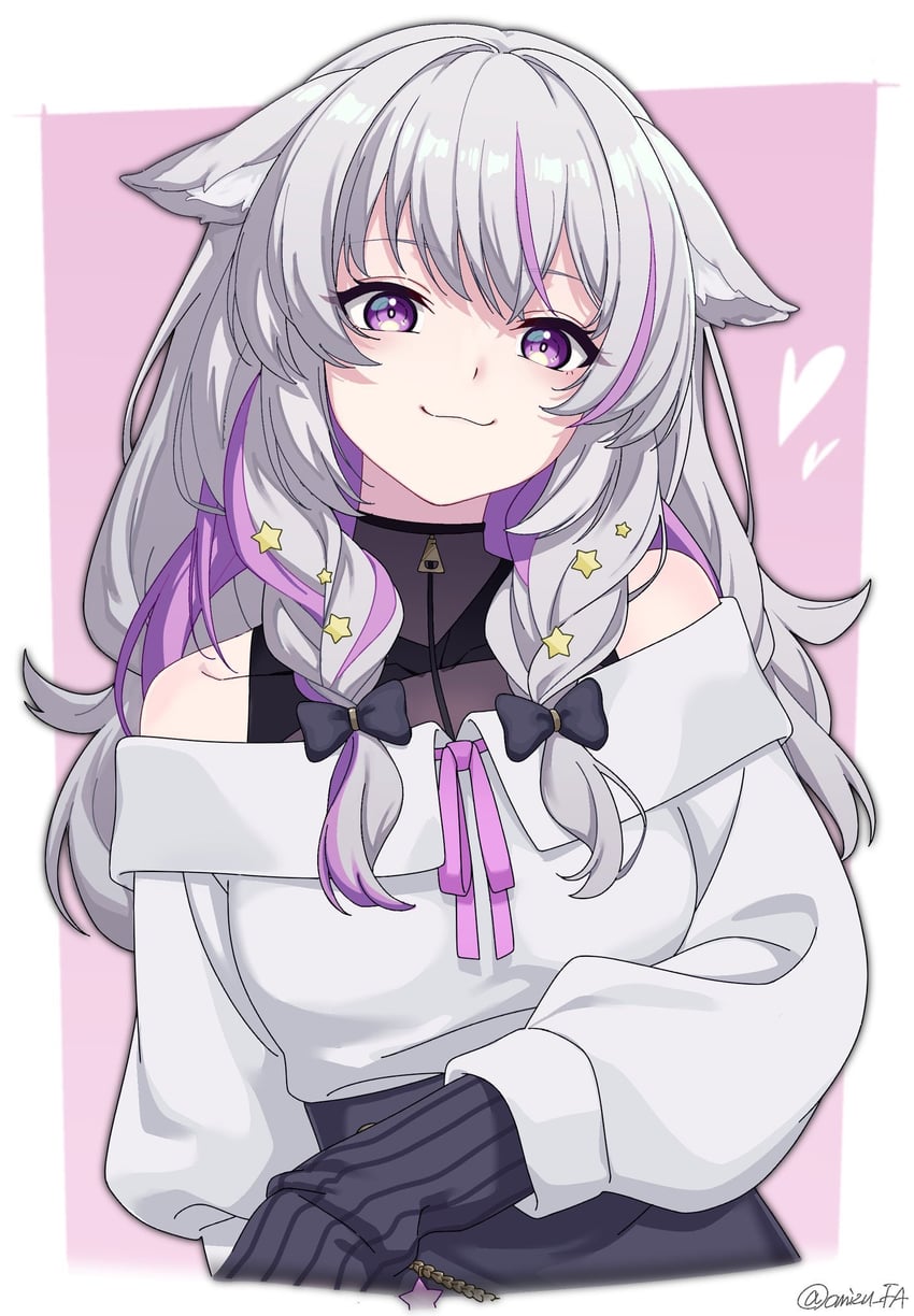 1girl, :3, animal_ears, black_bow, black_shirt, black_skirt, black_sleeves, border, bow, cat_ears, cat_girl, ears_down, hair_bow, hair_ornament, head_tilt, heart, high-waist_skirt, highres, indie_virtual_youtuber, long_hair, looking_at_viewer, mishiro_mao, multicolored_hair, neck_ribbon, off-shoulder_sweater, off_shoulder, omizu_(omizu_fa), outside_border, purple_background, purple_hair, purple_ribbon, ribbon, shirt, skirt, sleeveless, sleeveless_shirt, star_(symbol), star_hair_ornament, star_pendant, streaked_hair, sweater, sweater_tucked_in, turtleneck, turtleneck_shirt, twitter_username, violet_eyes, virtual_youtuber, white_border, white_hair, white_sweater, zipper_pull_tab