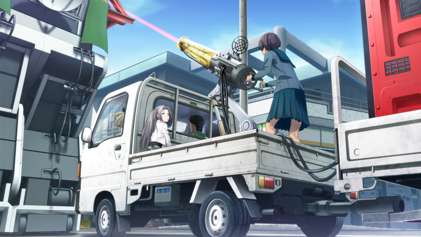 1boy, 3girls, aiming, black_hair, black_ribbon, blue_eyes, blue_sailor_collar, blue_sky