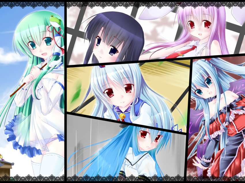 6+girls, adapted_costume, animal_ears, black_hair, blue_hair, bunny_ears, gohei, green_hair