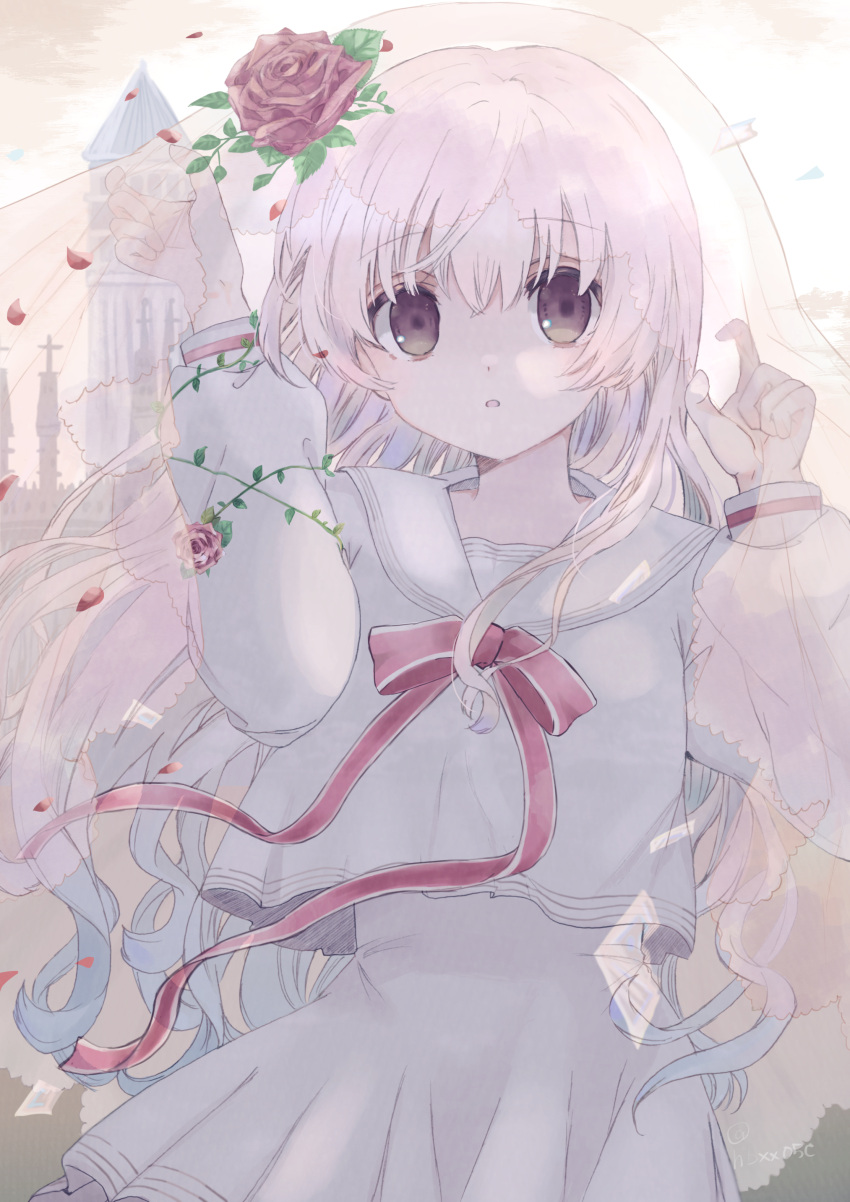 1girl, :o, absurdres, arcaea, brown_eyes, church, cowboy_shot, falling_petals