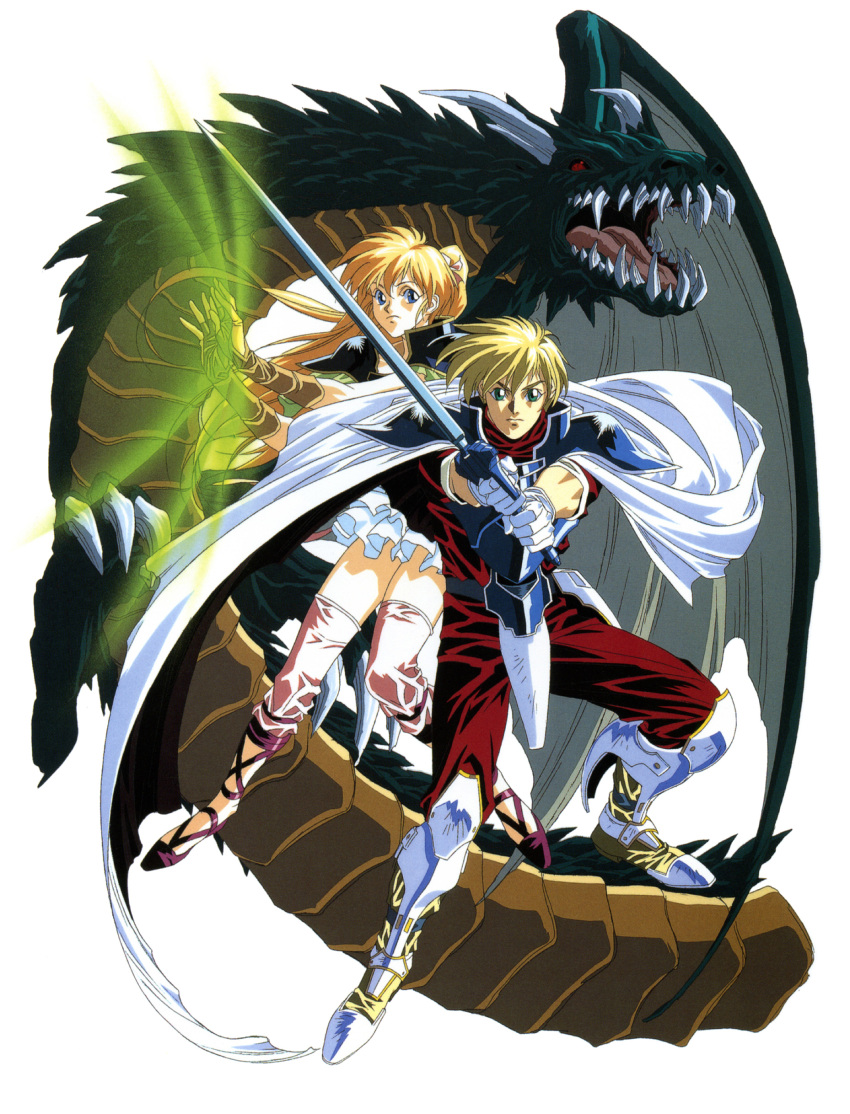 1990s_(style), 1boy, 1girl, absurdres, armor, armored_boots, blonde_hair, blue_eyes