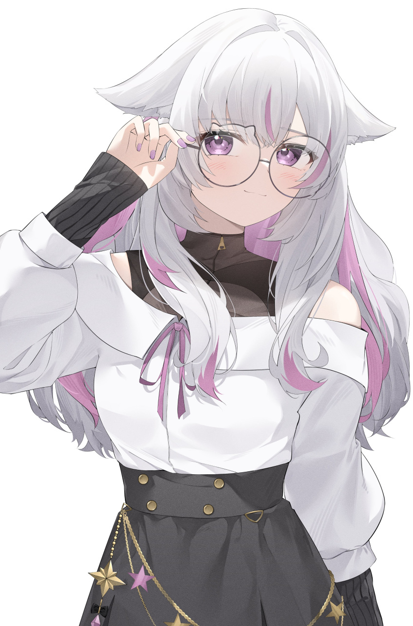 1girl, absurdres, adjusting_eyewear, animal_ear_fluff, animal_ears, black-framed_eyewear, black_shirt, black_skirt