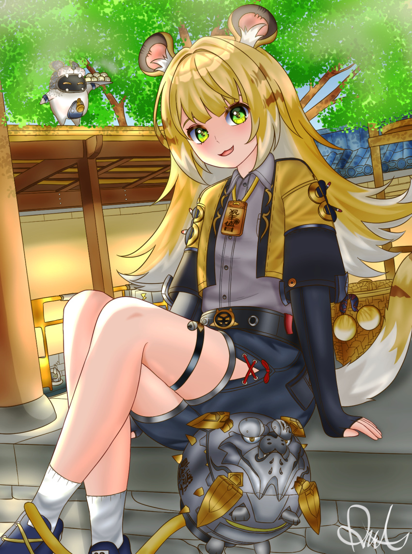 1girl, animal_ear_fluff, animal_ears, bangboo_(zenless_zone_zero), belion_(zenless_zone_zero), blonde_hair, breasts, cicioki, gloves, green_eyes, highres, ju_fufu, long_hair, looking_at_viewer, multicolored_hair, open_mouth, shirt, shorts, smile, solo, tail, tiger_ears, tiger_girl, tiger_tail, zenless_zone_zero