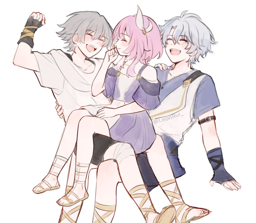 1girl, 2boys, aged_down, ancient_greek_clothes, antenna_hair, artist_name, bandaged_leg, bandages