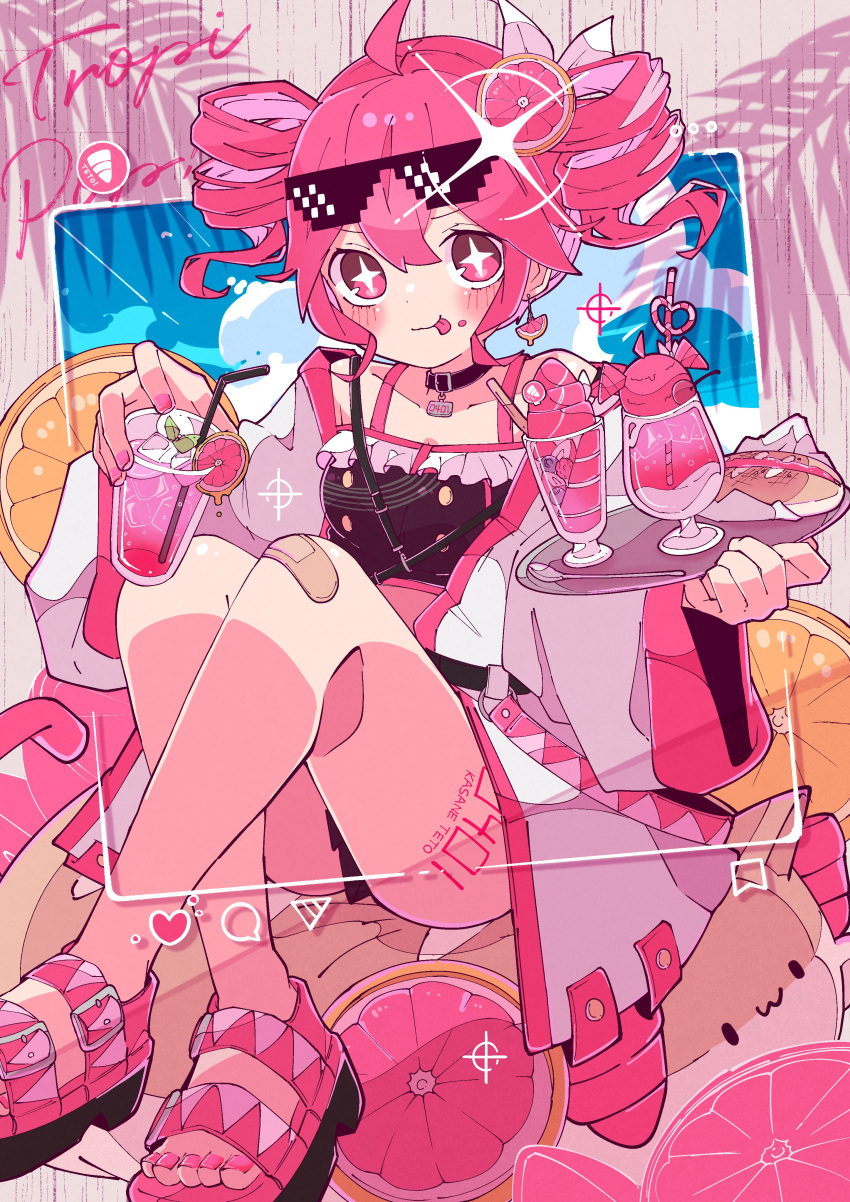 1girl, absurdres, ahoge, black_tank_top, bow, breasts, coat, commentary_request, crop_top, crossed_ankles, cup, drill_hair, drinking_straw, food, foot_out_of_frame, fruit, grey_background, grey_coat, hair_between_eyes, hair_bow, hair_ribbon, haru57928031, highres, holding, holding_cup, ice_cream_cup, kasane_teto, kasane_teto_(sv), leg_tattoo, lemon, long_sleeves, musical_staff, musical_staff_print, number_tattoo, official_alternate_costume, official_art, pillow, pink_nails, red_hair, red_tattoo, ribbon, sandals, sitting, small_breasts, solo, star-shaped_pupils, star_(symbol), striped_tank_top, symbol-shaped_pupils, synthesizer_v, tank_top, tattoo, twin_drills, twintails, utau, white_bow, white_ribbon, wide_sleeves