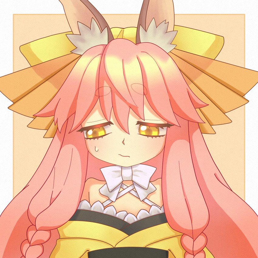 1girl, absurdres, animal_ears, commentary_request, fate/samurai_remnant, fate_(series), fox_ears, fox_girl, frown, highres, japanese_clothes, kimono, long_hair, looking_down, pink_hair, solo, tamamo_(fate), tamamo_aria_(fate), tsugumokei, upper_body, yellow_eyes, yellow_kimono
