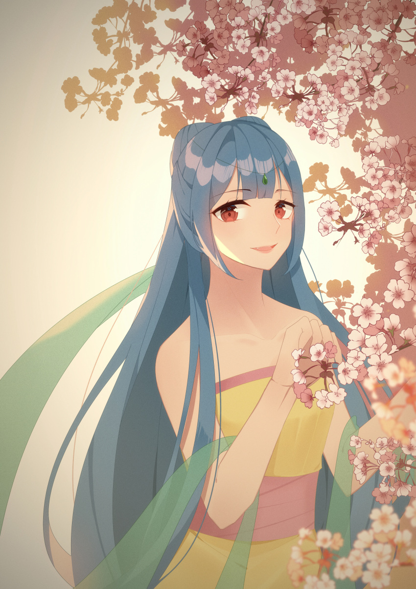 absurdly_long_hair, absurdres, bare_arms, bare_shoulders, blue_hair, blunt_bangs, bow-shaped_hair, branch, cherry_blossoms, chinese_clothes, chinese_commentary, circlet, collarbone, commentary_request, cowboy_shot, dress, eyelashes, flower, grey_background, hagoromo, happy, highres, hongmao_and_lantu, kirina_zero, lantu_(hongmao_and_lantu), long_hair, open_mouth, pink_flower, red_eyes, shawl, simple_background, smile, solo, straight_hair, strapless, strapless_dress, tree, very_long_hair, vignetting, yellow_dress