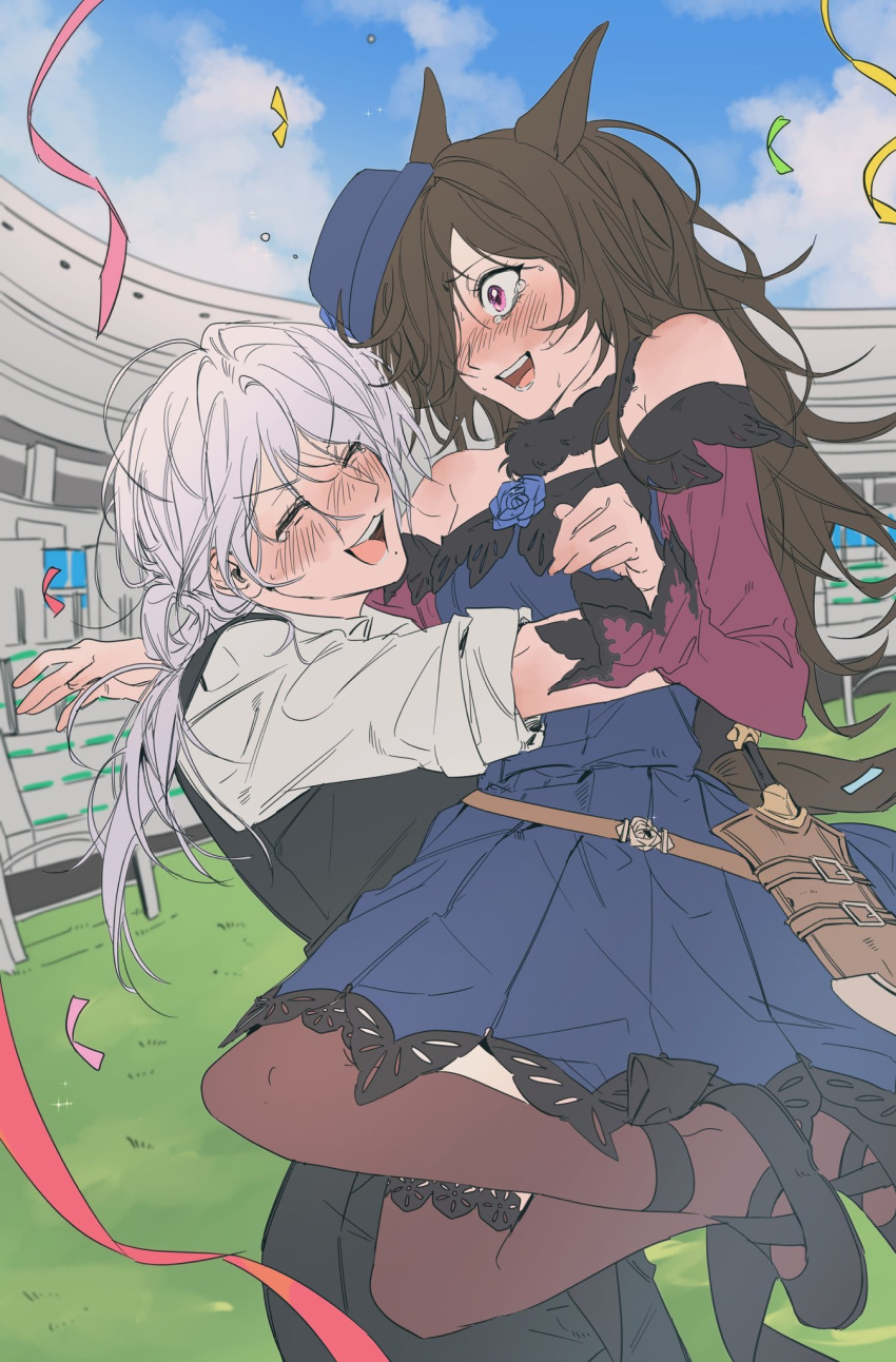2girls, :d, animal_ears, black_pants, black_shoes, black_vest, blue_dress, blue_flower, blue_rose, blue_sky, blush, brown_hair, brown_thighhighs, carrying, carrying_person, commentary_request, commission, confetti, crepe_commission, dagger, dress, female_trainer_(umamusume), flipped_hair, flower, grass, hair_over_one_eye, happy, happy_tears, highres, horse_ears, horse_girl, horse_tail, knife, korean_commentary, long_hair, long_sleeves, misaki_kanon_(ssalssisgi), multiple_girls, oc_x_canon, off-shoulder_dress, off_shoulder, original, outdoors, pants, pink_eyes, rice_shower_(umamusume), rose, scabbard, second-party_source, sheath, shirt, shoes, sky, smile, strapless, strapless_dress, tail, tears, teeth, thigh-highs, tilted_headwear, trainer_(umamusume), tteusindol, umamusume, v-shaped_eyebrows, vest, weapon, white_hair, white_shirt