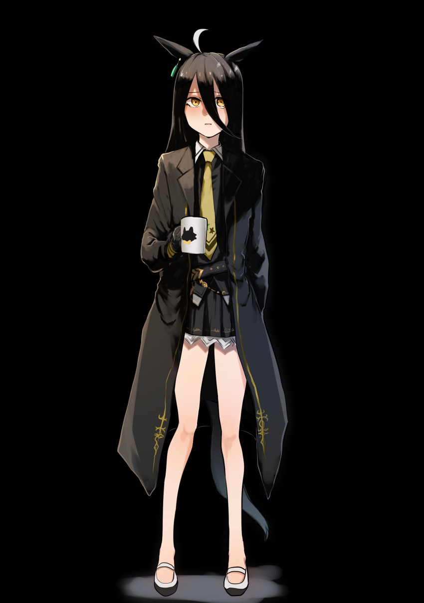 1girl, absurdres, ahoge, animal_ears, animal_print, bare_legs, belt, black_background
